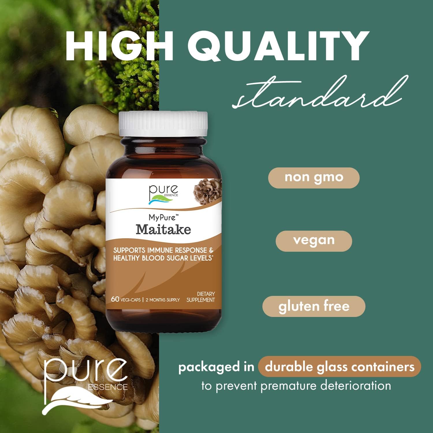 Concentrated Maitake Mushroom Powder Supplement for Immune System Support, Stress Relief, Energy Boost - 2 Month Supply by PURE ESSENCE LABS