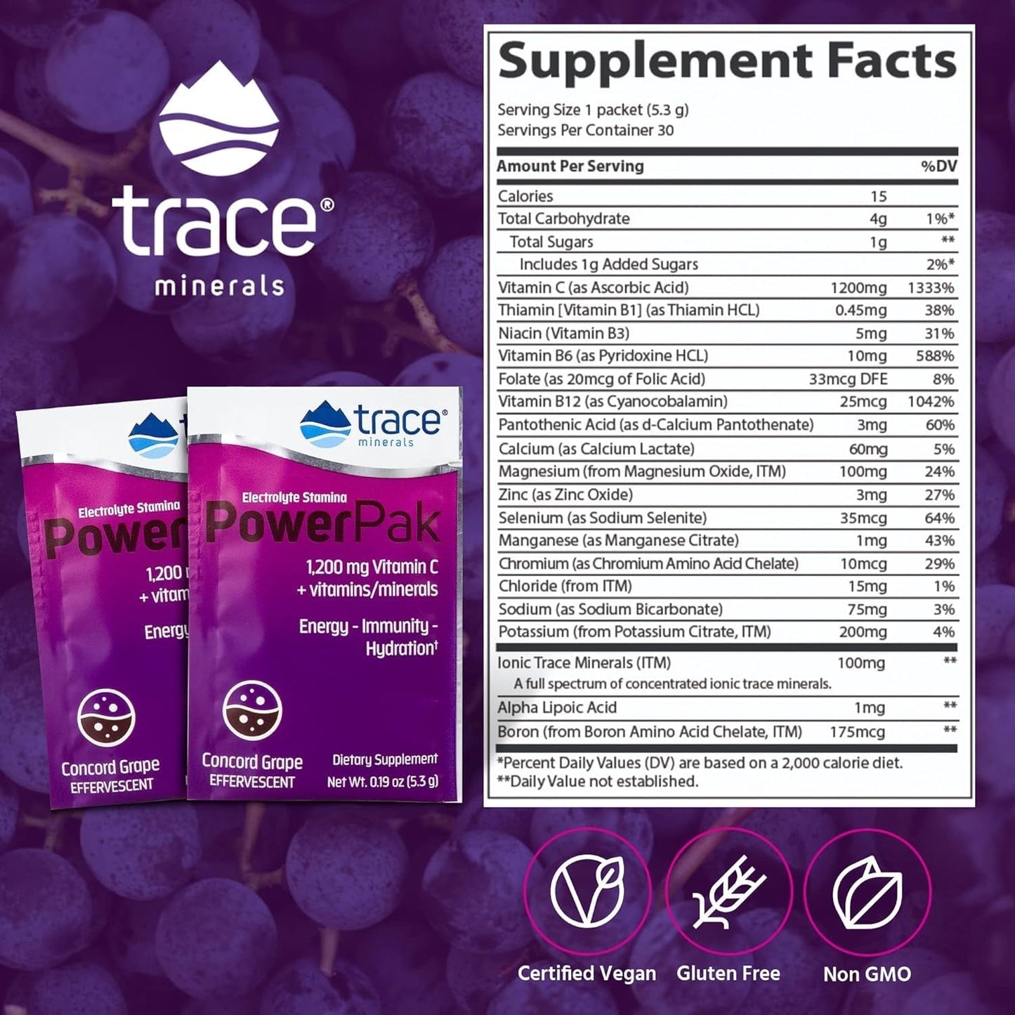 Concord Grape Trace Minerals Power Pak - Daily Health Support Supplement with Vitamins & Minerals - Immune Health & Hydration - Mix Powder Supports Bodily Functions - 60 Servings