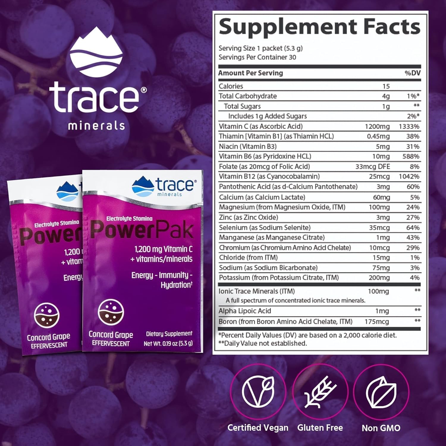 Concord Grape Trace Minerals Power Pak - Daily Health Support Supplement with Vitamins & Minerals - Immune Health & Hydration - Mix Powder Supports Bodily Functions - 60 Servings