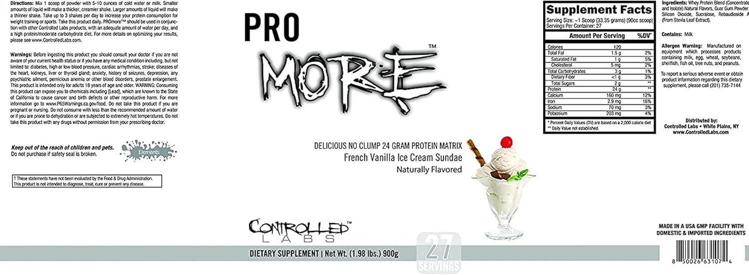 CONTROLLED LABS PROmore Protein Powder - 24g Protein Per Scoop - Premium Smooth-Drink Formula - Sugar-Free - Chocolate & French Vanilla Ice Cream Sundae Flavors - 27 Servings