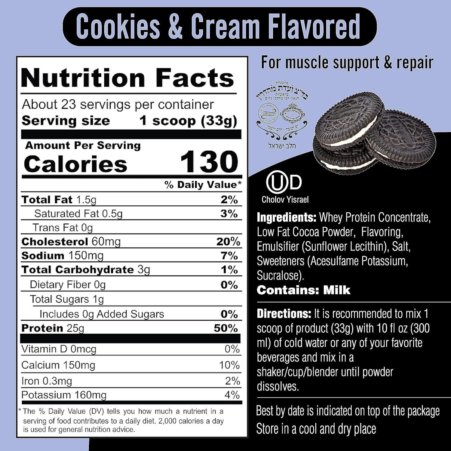 Cookies and Cream Whey Protein Powder - Gluten & Sugar Free, Kosher Certified, 25g Protein, Essential Amino Acids, BCAA, Post Workout Recovery Drink (1.65lb)