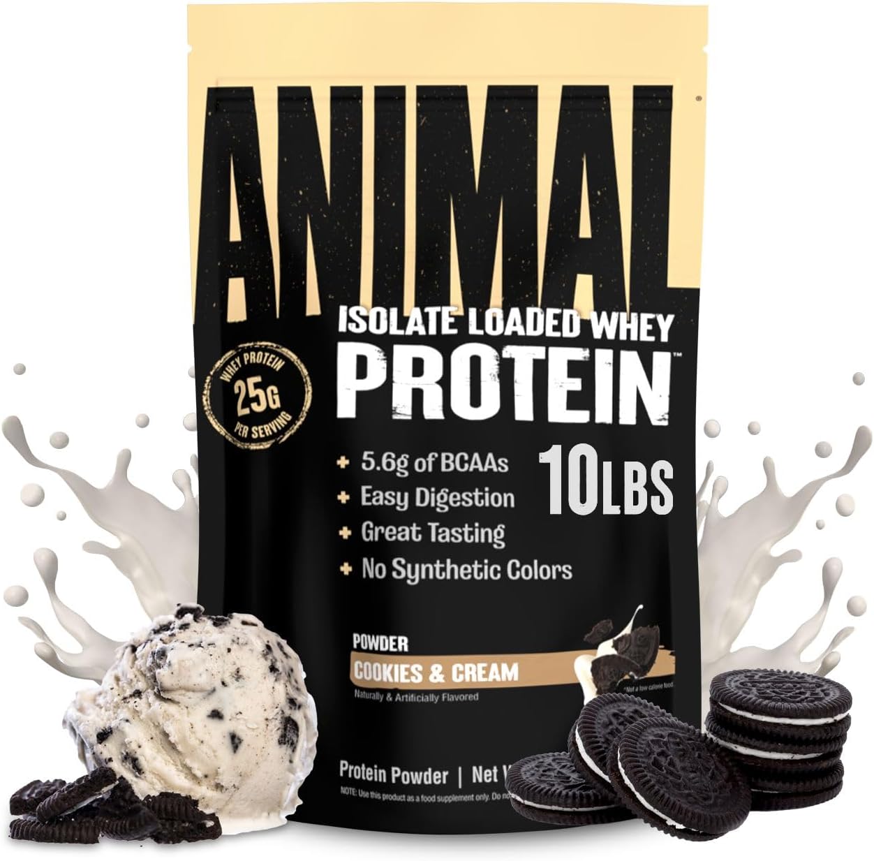 Cookies & Cream Animal Whey Isolate Protein Powder - 25g Protein, Low Sugar, Digestive Enzymes - Muscle Builder & Recovery for Men & Women pre & post Workout - 10 lbs
