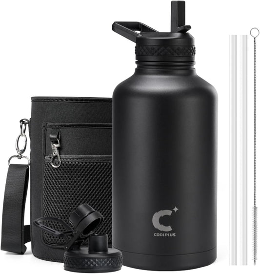 Coolplus 64 oz Insulated Stainless Steel Water Bottle with Straw - Leakproof Double-Walled Vacuum Flask - Keeps Cold for 48 Hrs, Hot for 24 Hrs - Includes Carry Sleeve - Black
