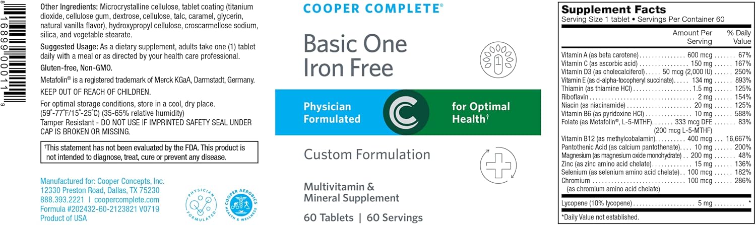 Cooper Complete Basic One Multivitamin Iron Free 60 Tablets - Pack of 3 - Daily Multivitamin Supplement