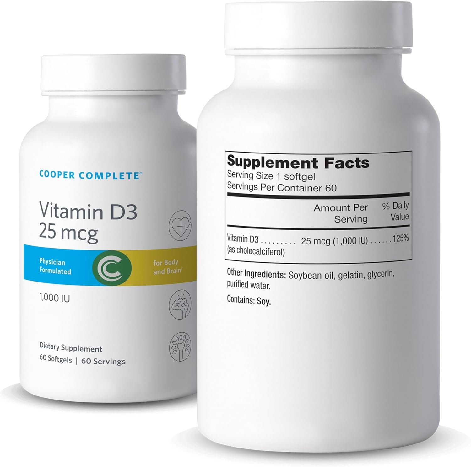 Cooper Complete Vitamin D3 25 mcg (1000 IU) Softgels - 60 Count Pack - Digestion-Friendly Formula