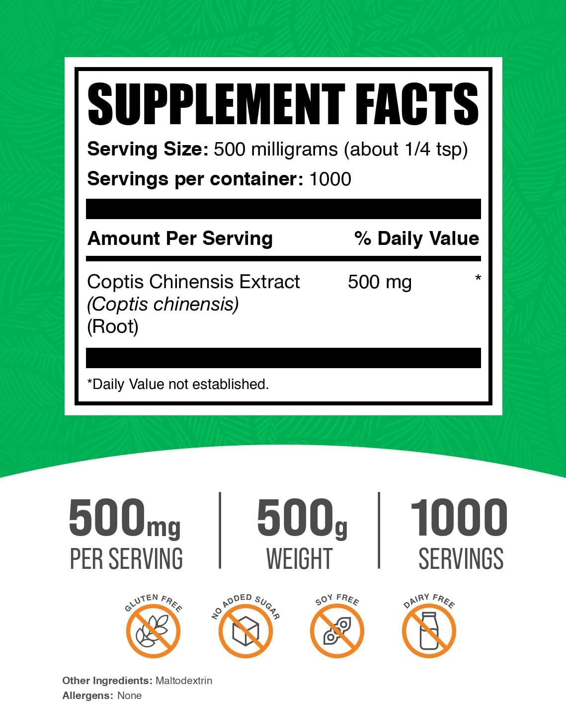 Coptis Chinensis Extract Powder - Berberine Golden Thread Supplement - 500mg per Serving - Gluten Free - 500g
