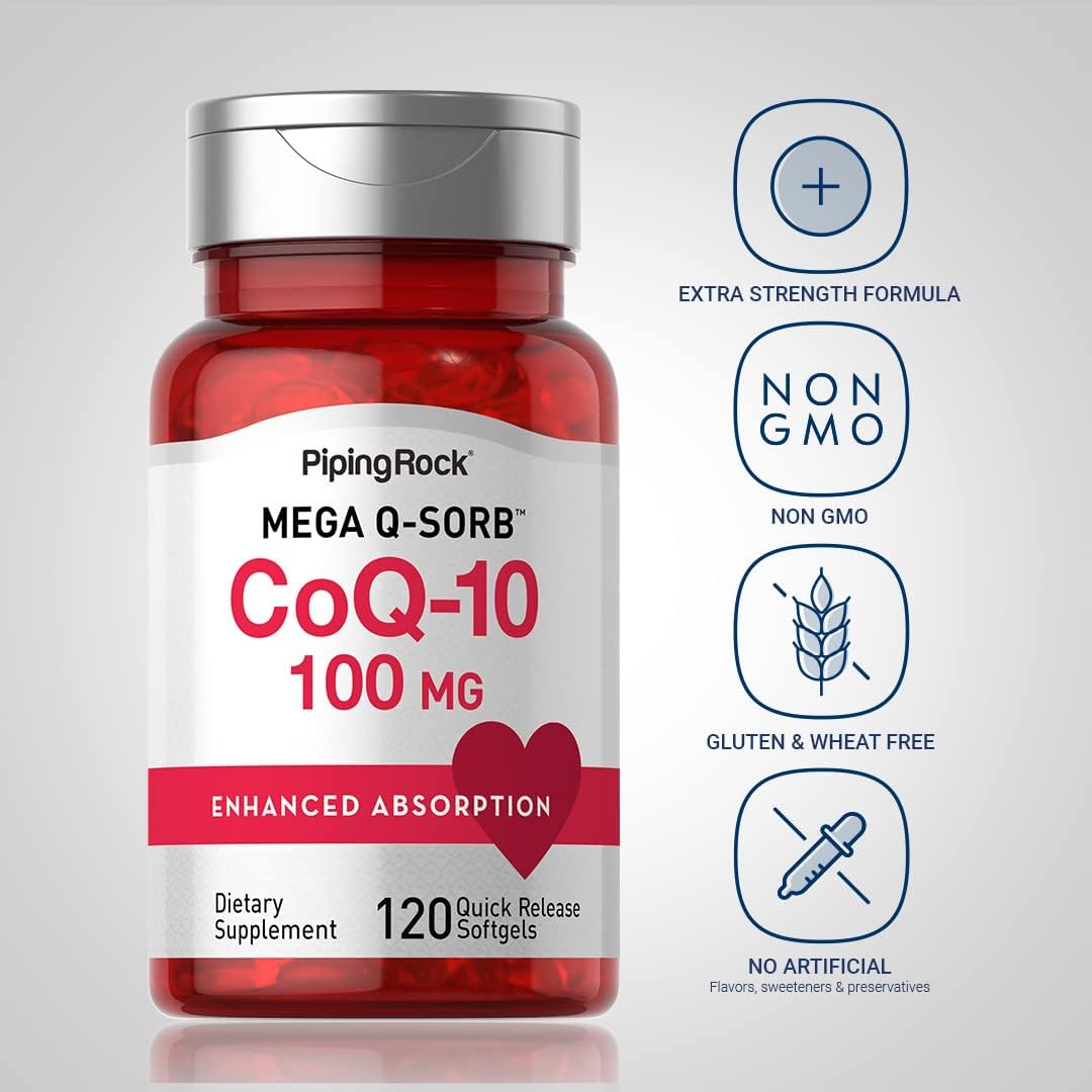 CoQ10 100mg Softgels with Black Pepper Extract - 120 Count | Non-GMO, Gluten Free Supplement by Piping Rock