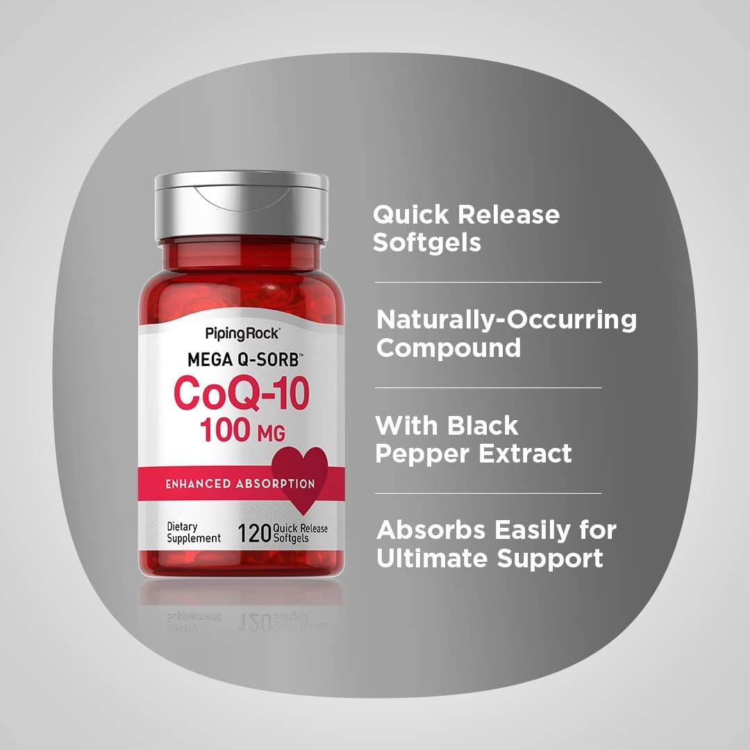 CoQ10 100mg Softgels with Black Pepper Extract - 120 Count | Non-GMO, Gluten Free Supplement by Piping Rock