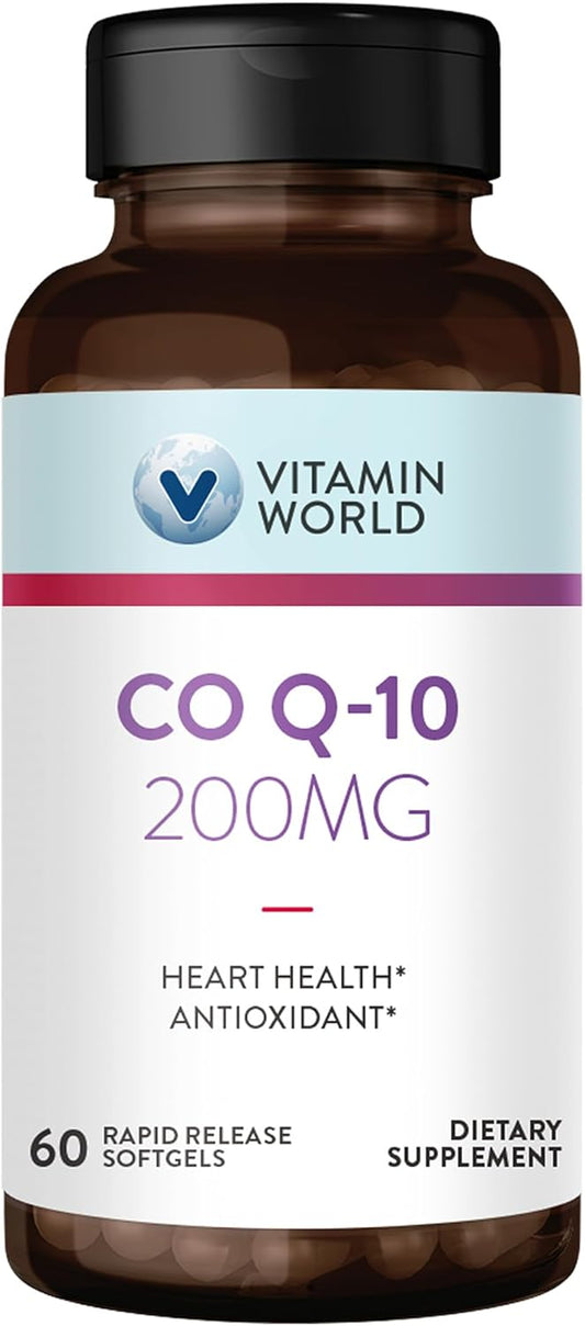 CoQ10 200 mg Softgels for Heart Health & Energy, Antioxidant Support - 60 Rapid Release Softgels, Gluten Free