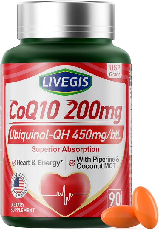 CoQ10 200mg Softgels with Coconut MCT Oil for Superior Absorption - Heart Health & Energy Support - 90 Count