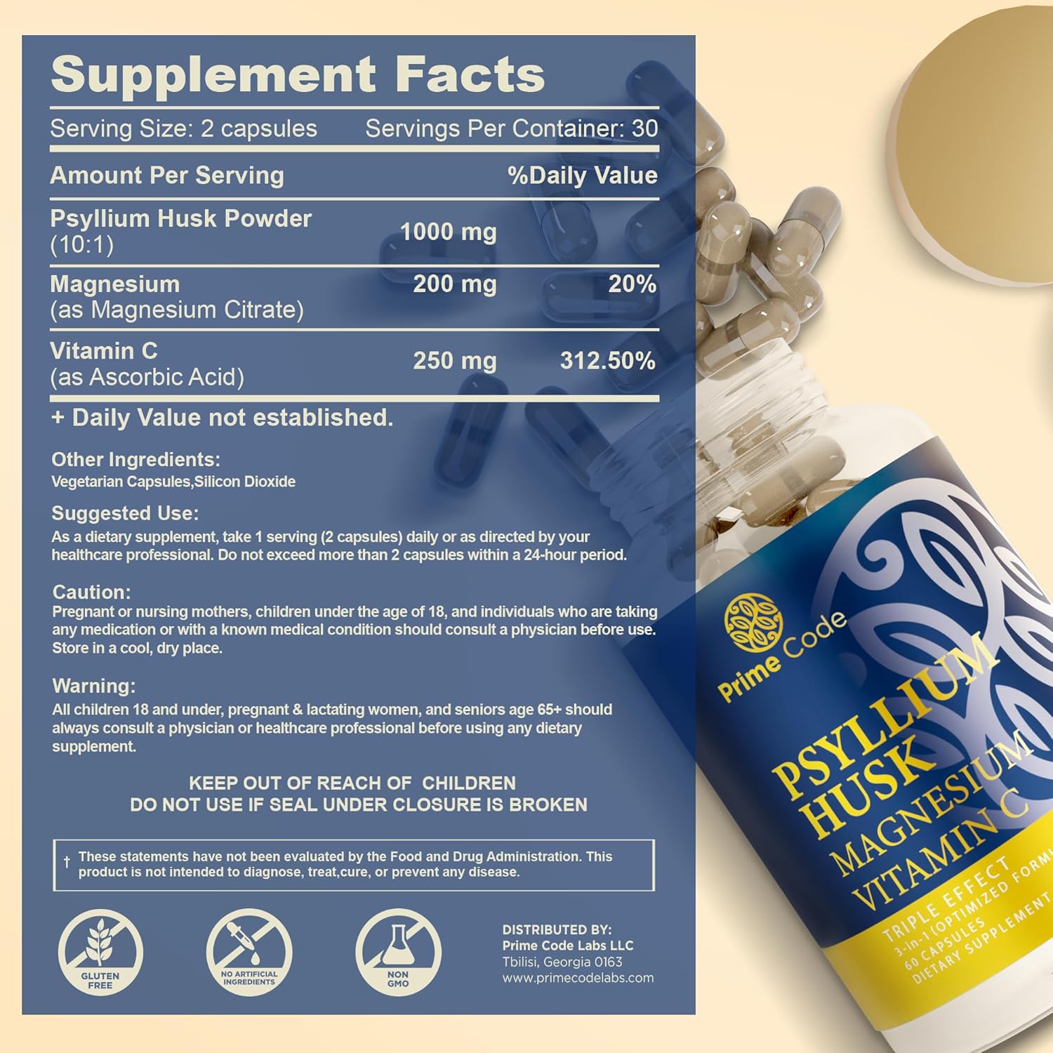 CoQ10 250mg Capsules with Magnesium Glycinate, Vitamin E, Psyllium Husk, and Vitamin C