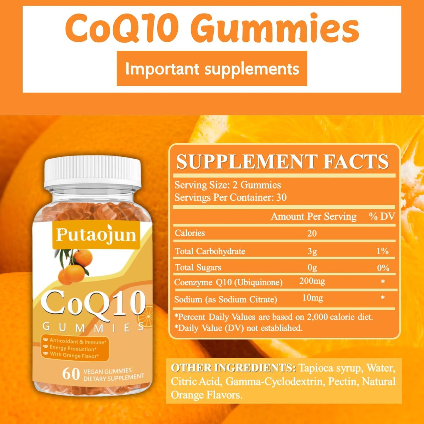 Coq10 Gummies for Adults - Orange Flavor - Sugar Free - High Absorption - Energy & Antioxidant - 240 Gummies in Total