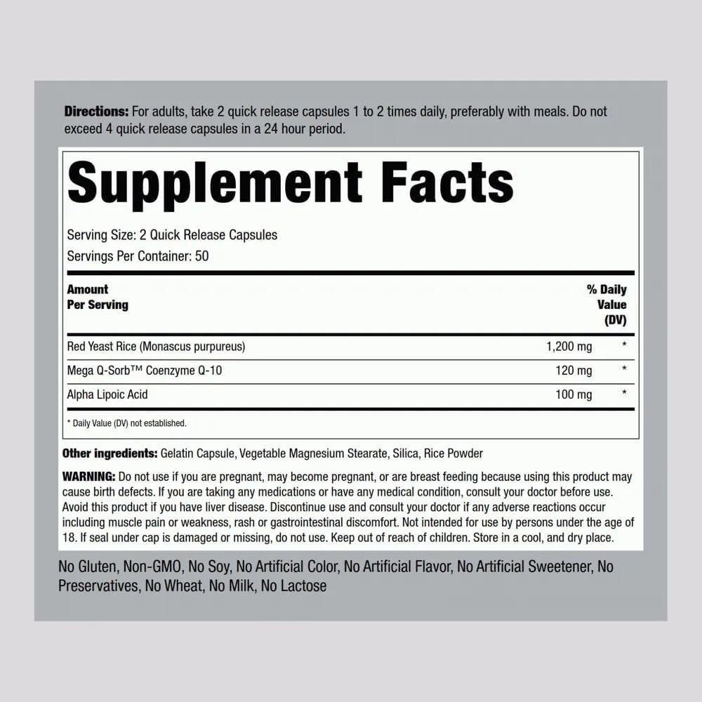CoQ10 with Red Yeast Rice & Alpha Lipoic Acid - 100 Capsules, Non-GMO, Gluten Free Supplement