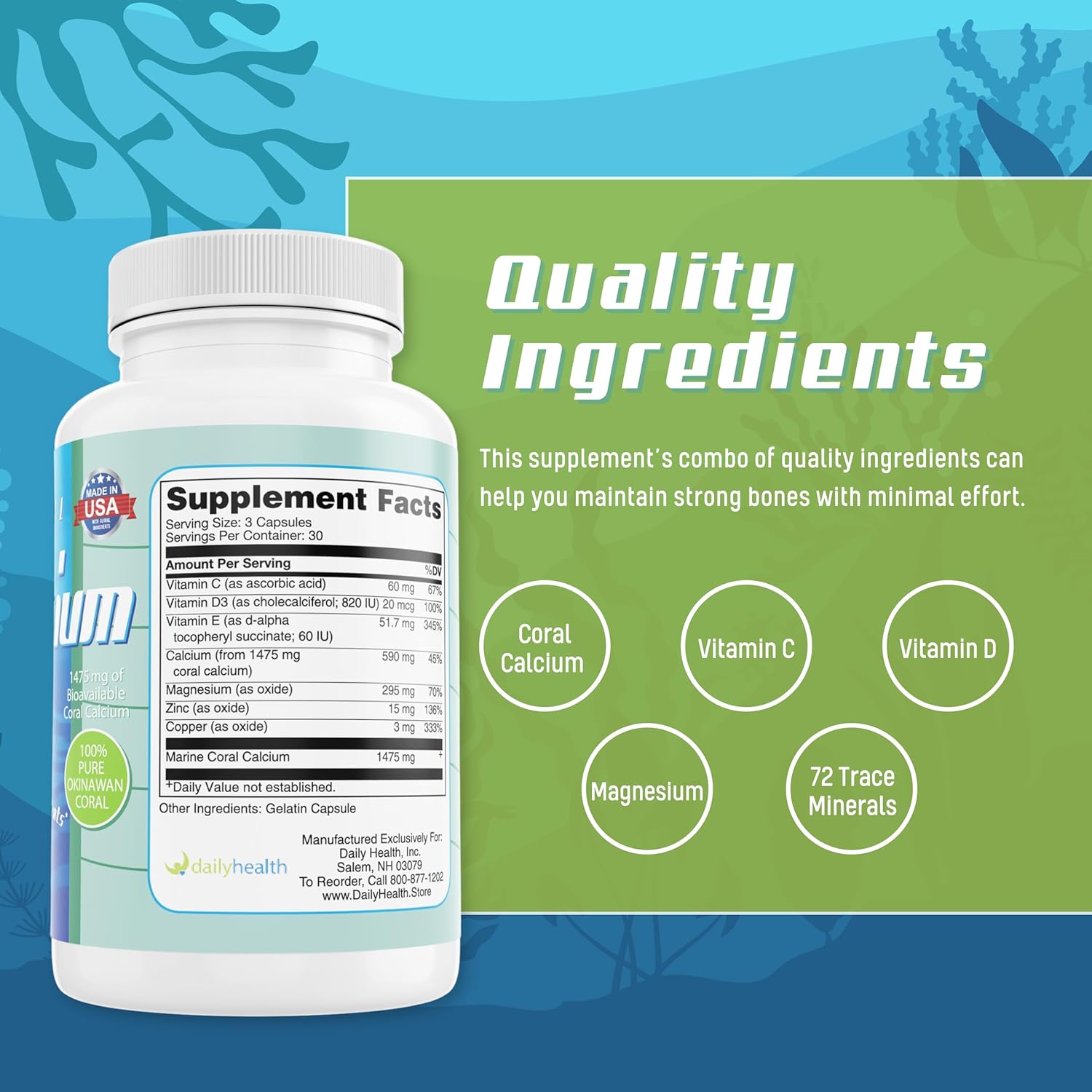 Coral Calcium & Ultimate Greens with MSM Capsules - Daily Health Supplement (30 Day Supply)
