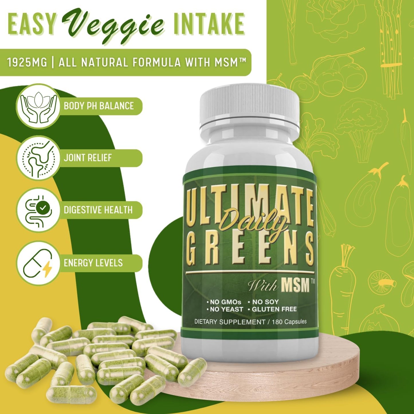 Coral Calcium & Ultimate Greens with MSM Capsules - Daily Health Supplement (30 Day Supply)