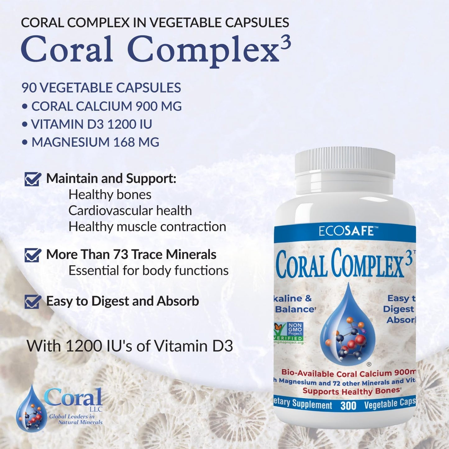 Coral White Coral Complex 3 - 900mg Coral Calcium with 1200IU Vitamin D3 and 168mg Magnesium - 300 Veg Caps