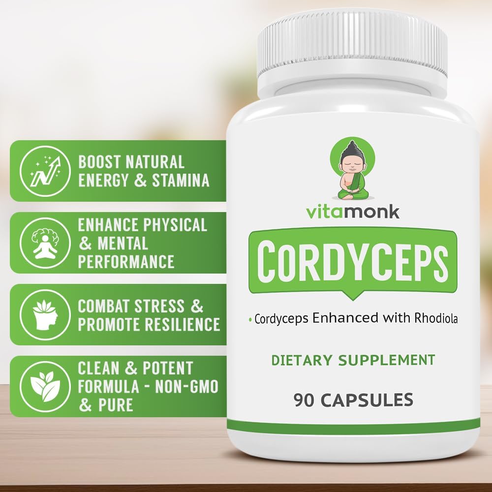 Cordyceps Mushroom Capsules with Rhodiola - 2000mg of Cordyceps Extract and Rhodiola for Energy, Stress Relief, Performance - Non-GMO Formula