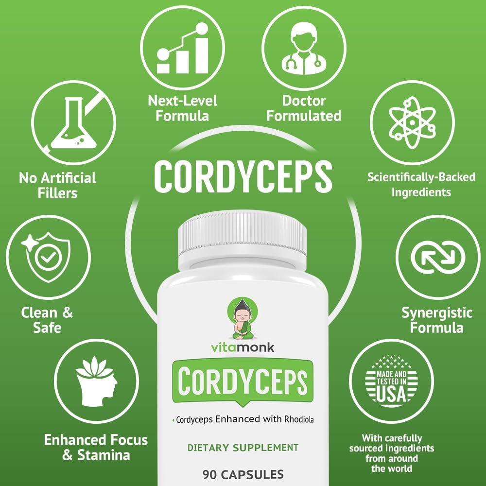 Cordyceps Mushroom Capsules with Rhodiola - 2000mg of Cordyceps Extract and Rhodiola for Energy, Stress Relief, Performance - Non-GMO Formula