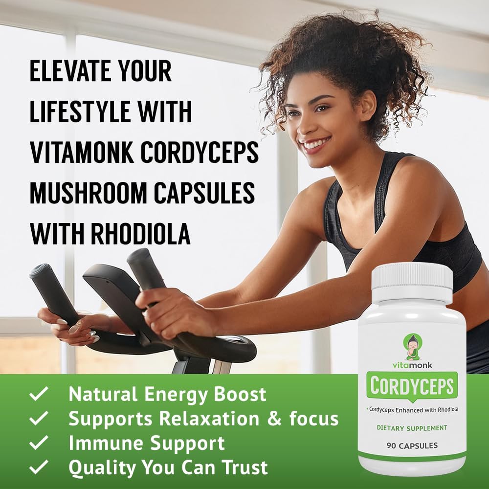 Cordyceps Mushroom Capsules with Rhodiola - 2000mg of Cordyceps Extract and Rhodiola for Energy, Stress Relief, Performance - Non-GMO Formula