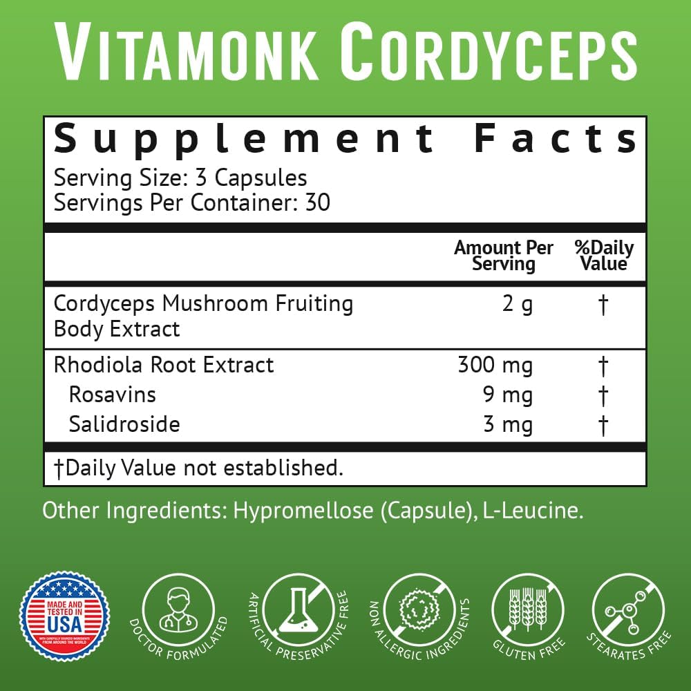 Cordyceps Mushroom Capsules with Rhodiola - 2000mg of Cordyceps Extract and Rhodiola for Energy, Stress Relief, Performance - Non-GMO Formula