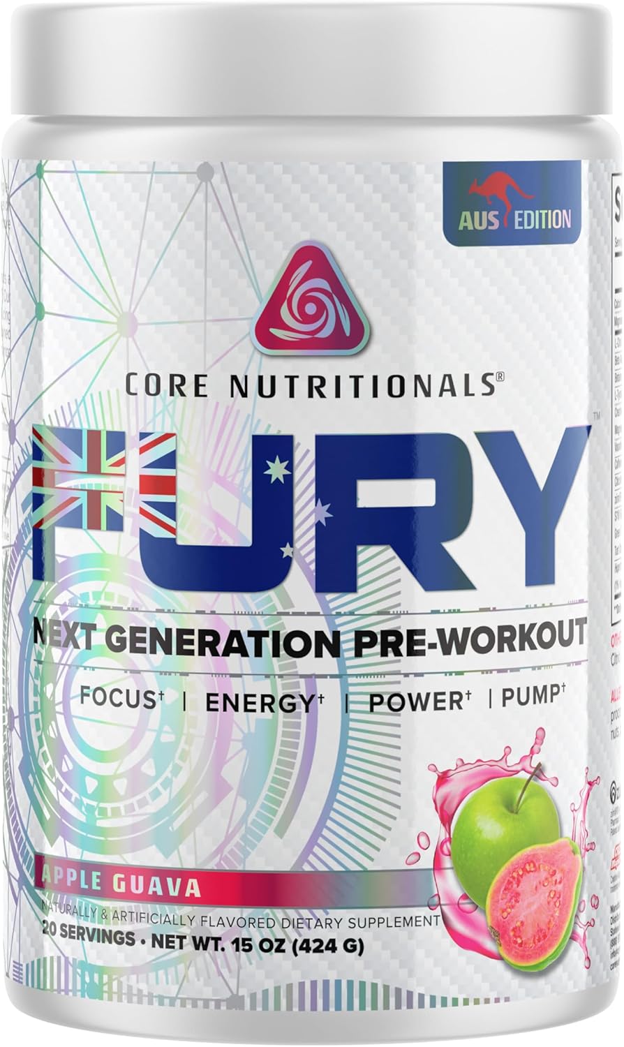 Core Nutritionals Fury Platinum Pre Workout Intensifier - 375mg Caffeine, 5G Creatine, 6G L-Citrulline - Apple Guava - 20 Servings