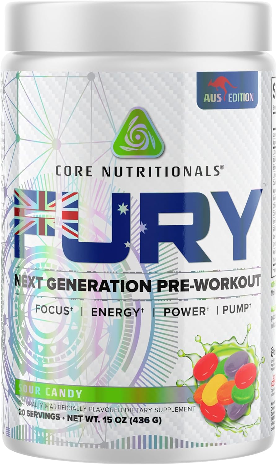 Core Nutritionals Fury Platinum Pre Workout Intensifier - Sour Candy Flavor, 375mg Caffeine, 5G Creatine Monohydrate, 6G L-Citruline - Pump, Power, Focus, Energy - 20 Servings