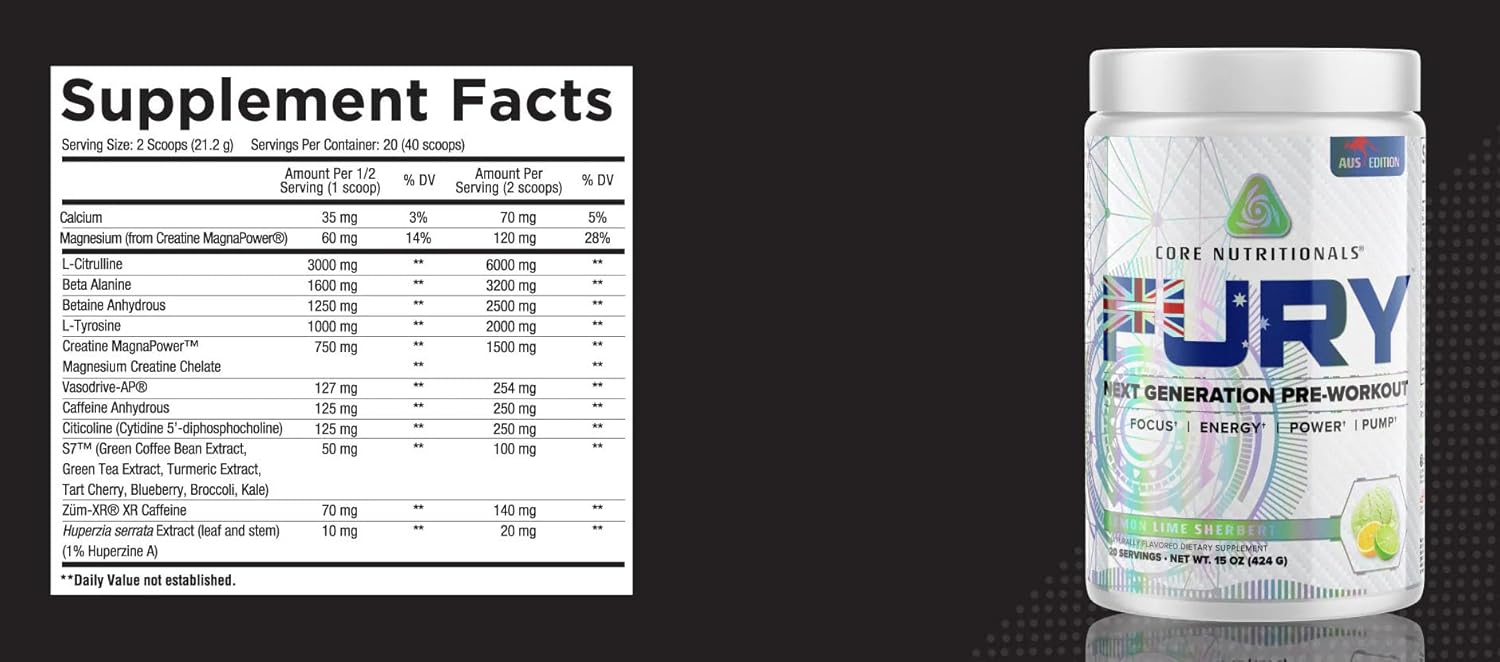 Core Nutritionals Fury Platinum Pre Workout Intensifier - Sour Candy Flavor, 375mg Caffeine, 5G Creatine Monohydrate, 6G L-Citruline - Pump, Power, Focus, Energy - 20 Servings