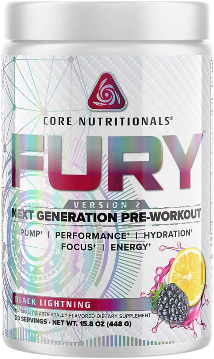 Core Nutritionals Fury V2 Black Lightning Pre-Workout Powder with Zum-XR® Caffeine for Enhanced Gym Performance (40 Scoops)