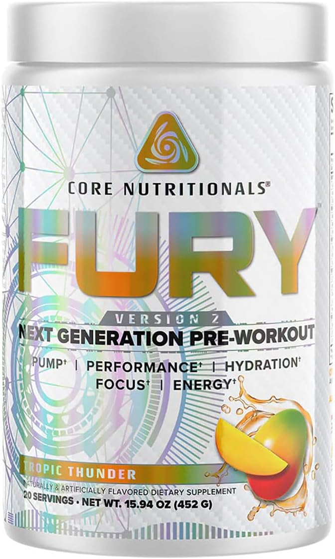 Core Nutritionals Fury V2 Pre-Workout Powder - Enhance Gym Performance with Zum-XR® Caffeine, L-Citrulline, Alpha GPC (40 Servings) - Tropic Thunder Flavor