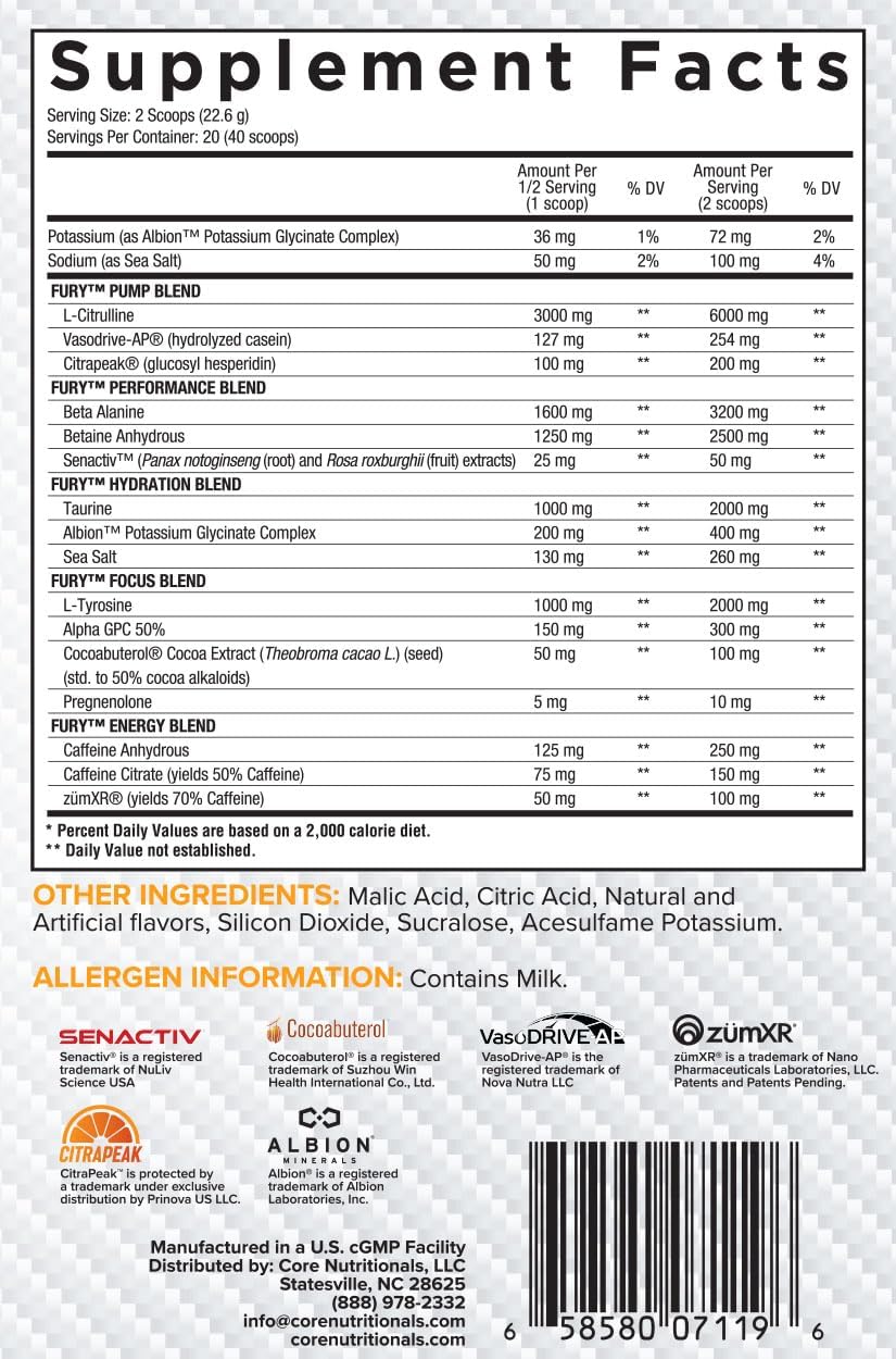 Core Nutritionals Fury V2 Pre-Workout Powder - Enhance Gym Performance with Zum-XR® Caffeine, L-Citrulline, Alpha GPC (40 Servings) - Tropic Thunder Flavor