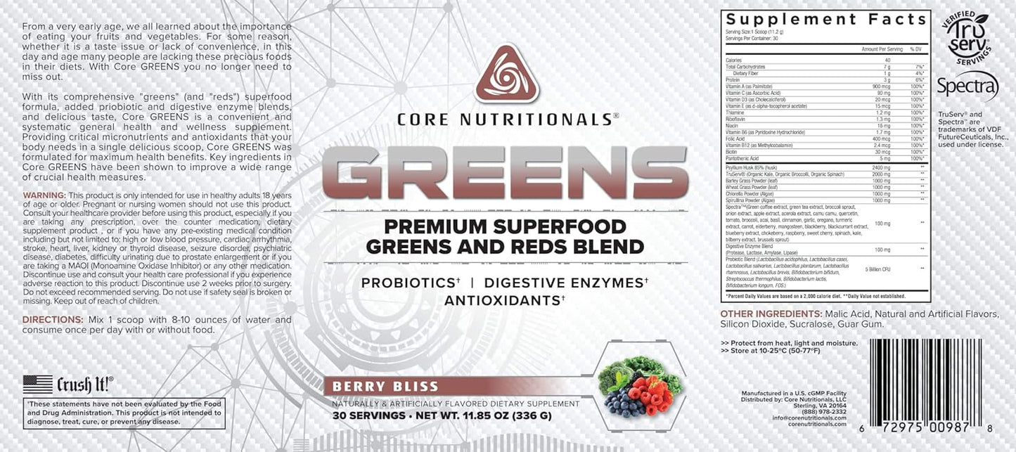 Core Nutritionals Greens Platinum: Superfood Greens and Reds Blend with 5 Billion CFU Probiotic for Digestion - Berry Flavor, 30 Servings