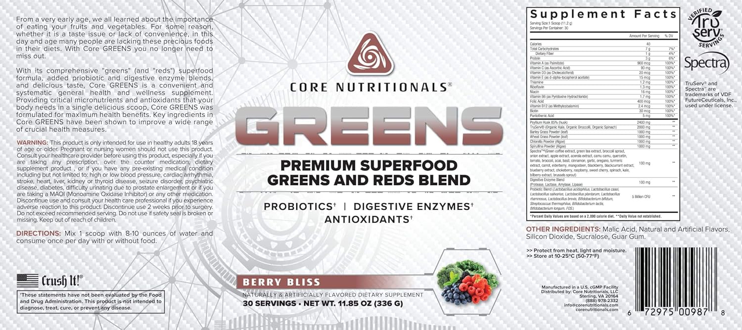 Core Nutritionals Greens Platinum: Superfood Greens and Reds Blend with 5 Billion CFU Probiotic for Digestion - Berry Flavor, 30 Servings