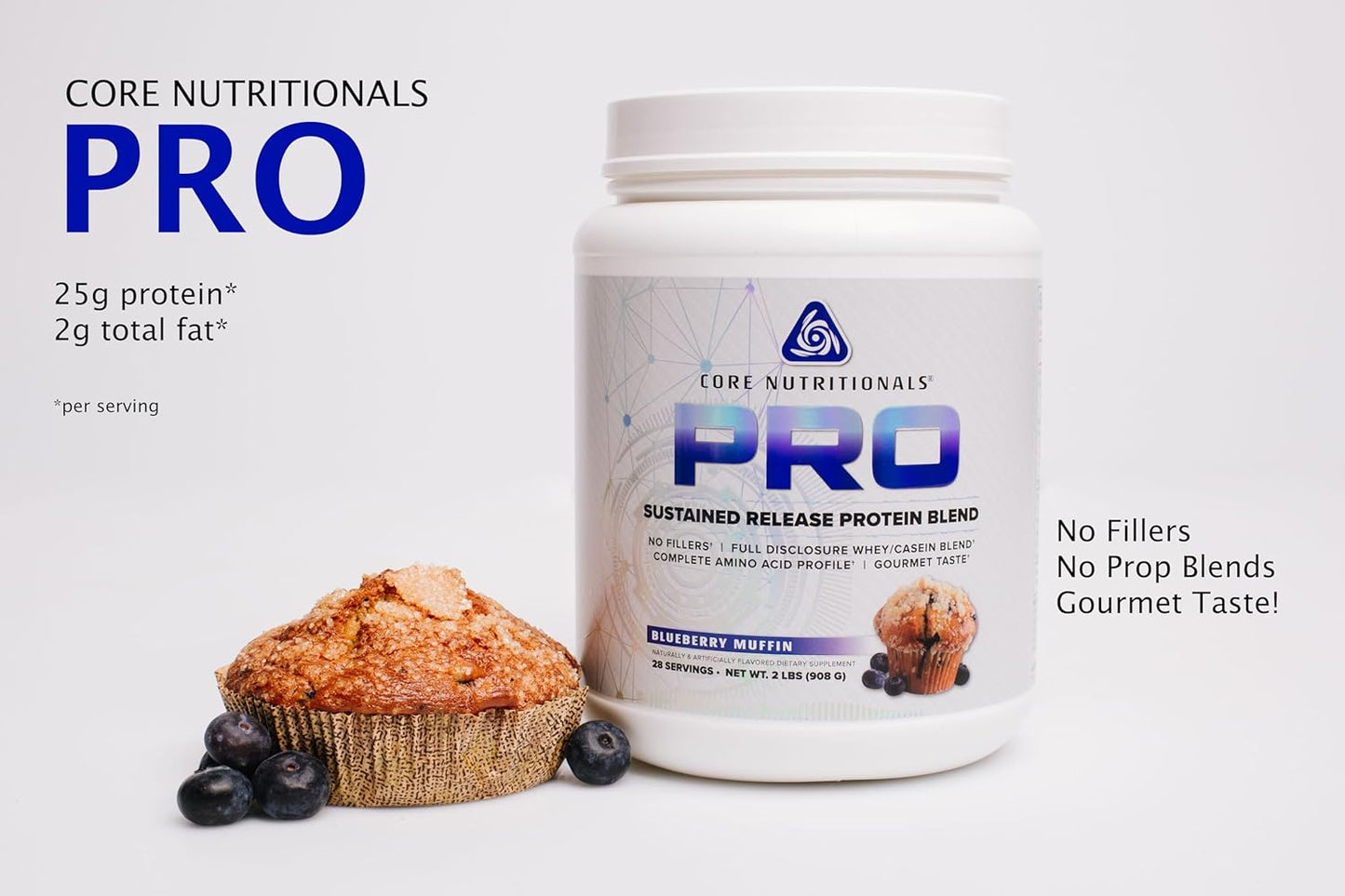 Core Nutritionals Pro Sustained Release Protein Blend with Digestive Enzyme Blend - Blueberry Muffin Flavor - 25G Protein, 2G Carb - 28 Servings