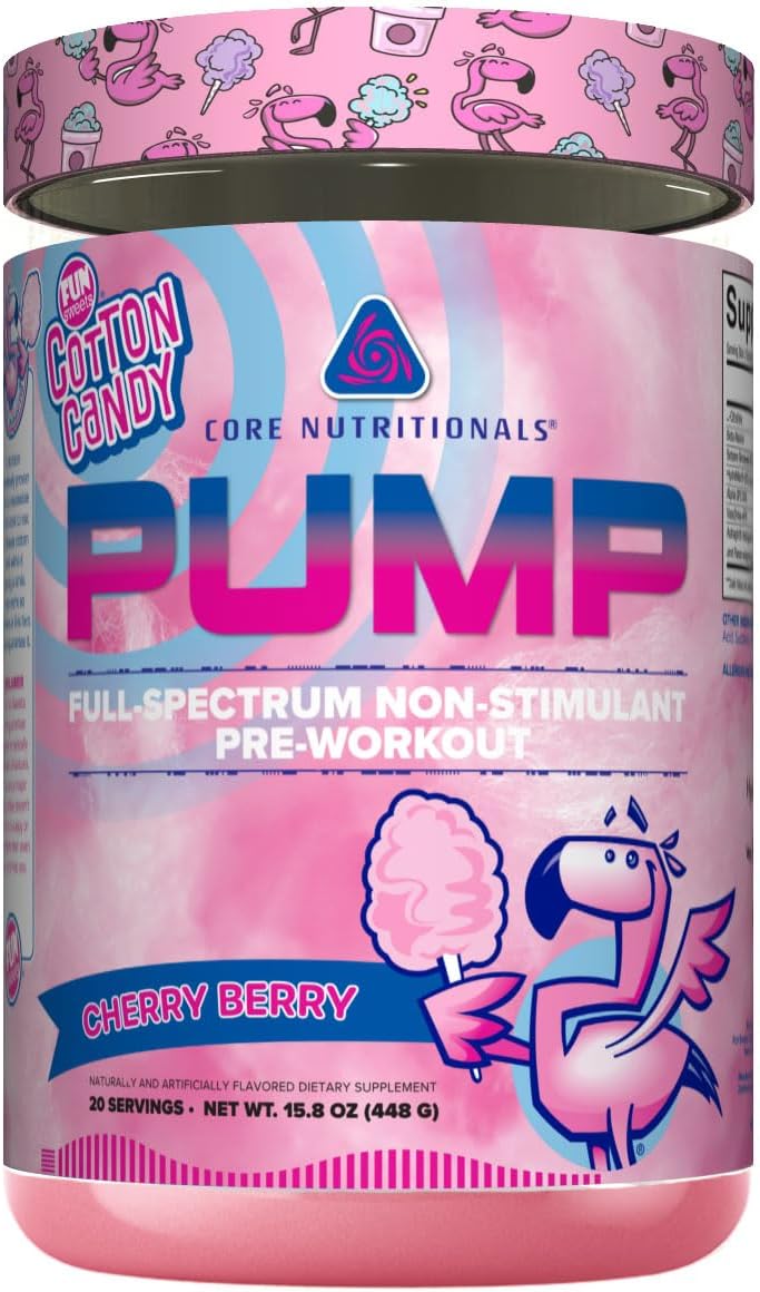 Core Nutritionals Pump Full-Spectrum Non-Stimulant Pre-Workout - 20 Servings (Fun Sweets Cotton Candy™ Cherry Berry) for Maximum Pump, Strength, and Performance