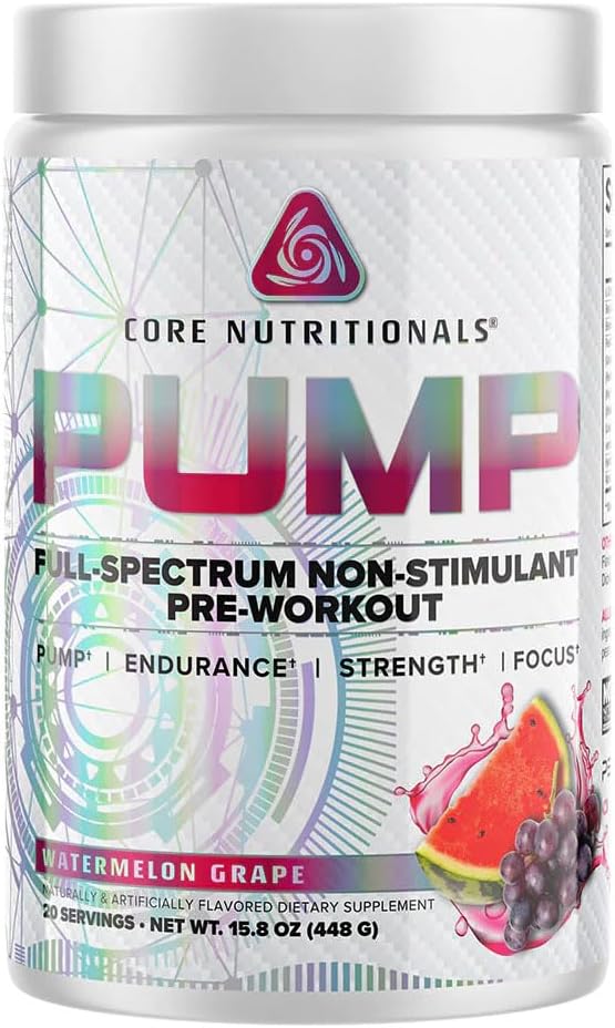 Core Nutritionals Pump Full-Spectrum Non-Stimulant Pre-Workout Supplement - Enhanced with N03T Nitrate, Peak02, Alpha GPC - Watermelon Grape Flavor - Boosts Pump, Strength, Performance - 20 Servings