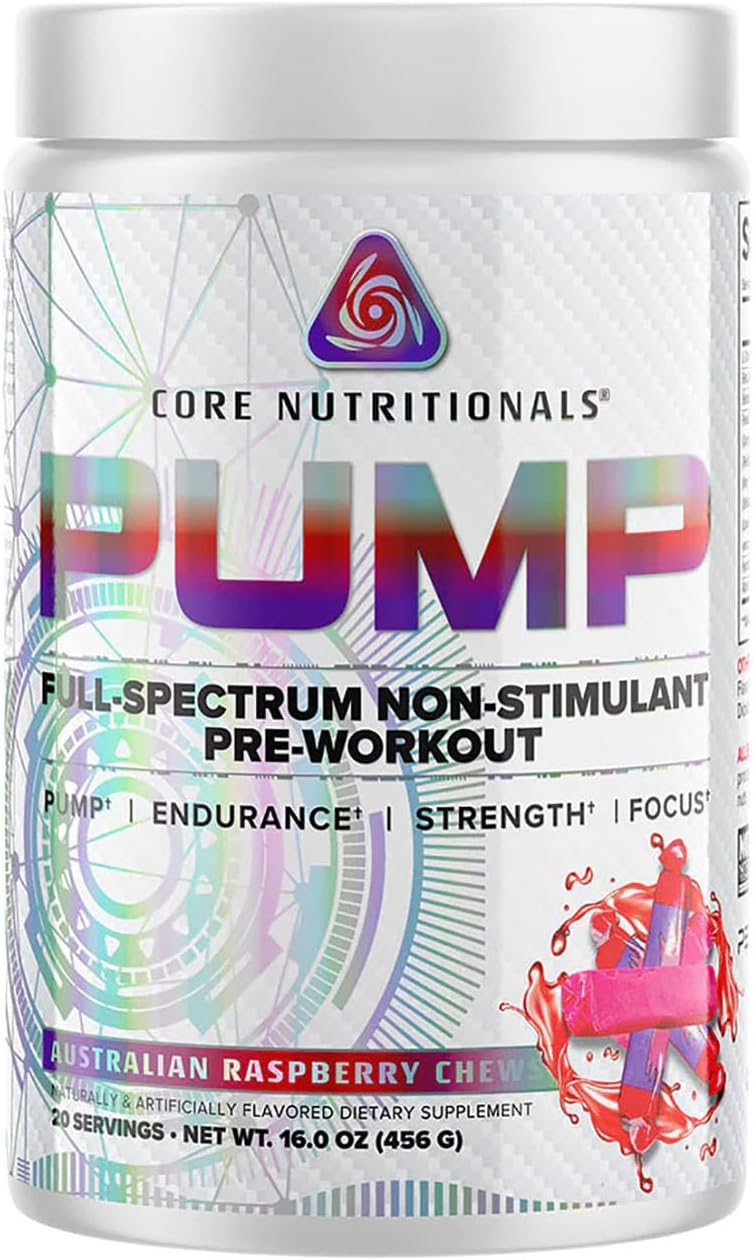 Core Nutritionals Pump Full-Spectrum Non-Stimulant Pre-Workout with N03T Nitrate, Peak02, Alpha GPC - 20 Servings - Australian Raspberry Chews - Boost Pump, Strength, Performance
