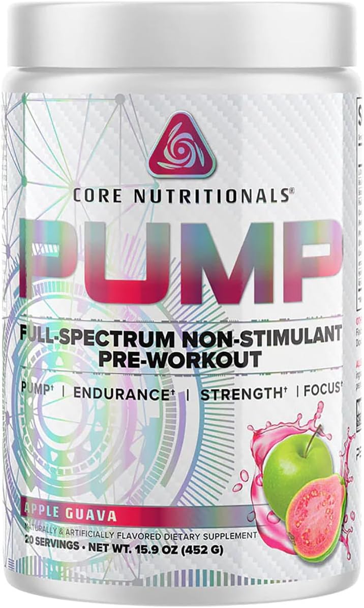 Core Nutritionals Pump Full-Spectrum Non-Stimulant Pre-Workout - 20 Servings (Apple Guava) - Enhanced with N03T Nitrate, Peak02, and Alpha GPC for Maximum Pump, Strength, and Performance