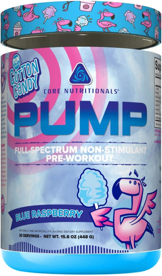 Core Nutritionals Pump Full-Spectrum Non-Stimulant Pre-Workout with N03T Nitrate & Peak02 - Blue Raspberry Flavor - 20 Servings - Maximum Pump, Strength, Performance