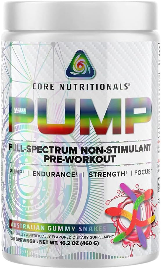 Core Nutritionals Pump Full-Spectrum Non-Stimulant Pre-Workout - Enhanced with N03T Nitrate, Peak02, Alpha GPC - Boosts Pump, Strength, Performance - 20 Servings - Australian Gummy Snakes