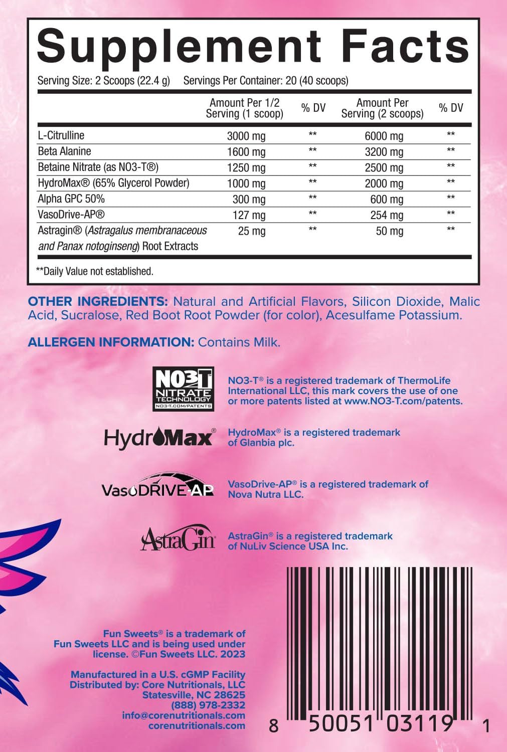 Core Nutritionals Pump Full-Spectrum Non-Stimulant Pre-Workout - 20 Servings (Fun Sweets Cotton Candy™ Cherry Berry) for Maximum Pump, Strength, and Performance