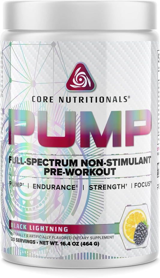 Core Nutritionals Pump Non-Stimulant Pre-Workout Supplement with N03T Nitrate, Peak02, Alpha GPC - 20 Servings (Black Lightning)
