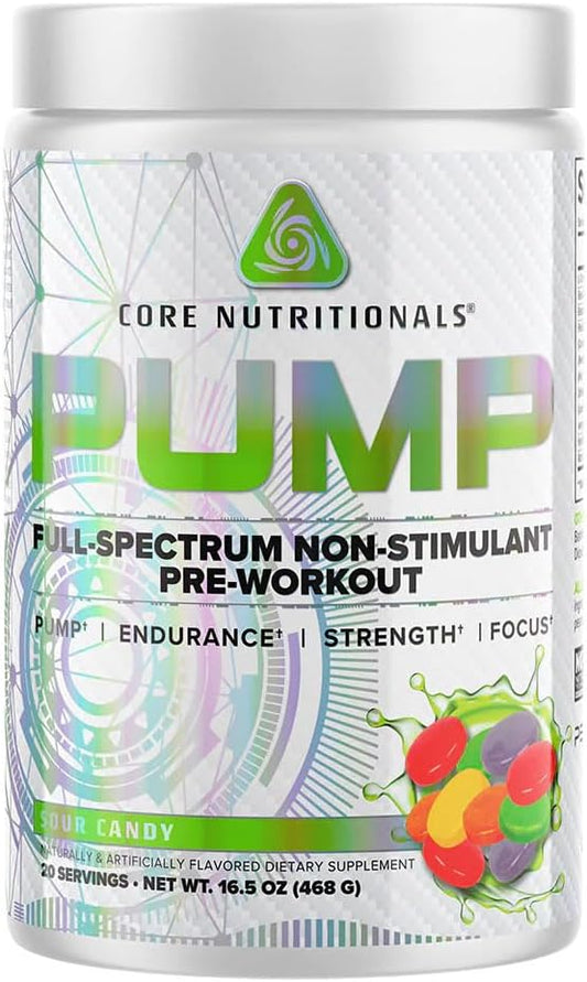 Core Nutritionals Pump Non-Stimulant Pre-Workout Supplement - Enhanced Pump, Strength, and Performance - 20 Servings Sour Candy Flavor