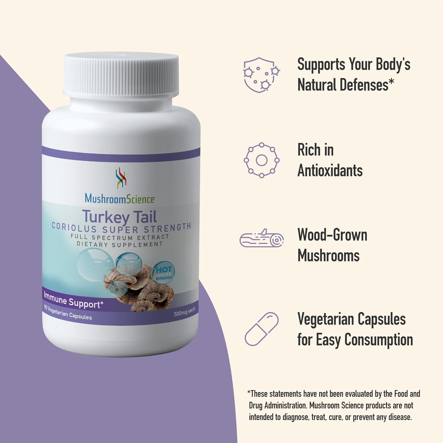 Coriolus Super Strength Turkey Tail Mushroom Capsules - Natural Health Support Supplement for Adults - 500MG, 90 CT