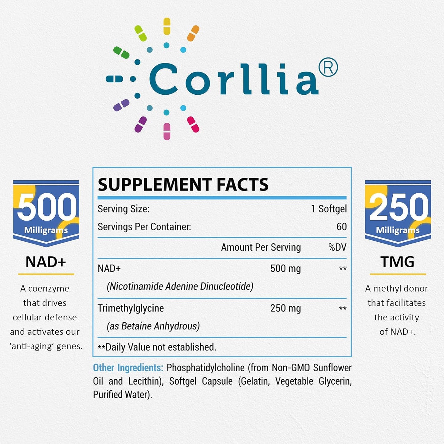 Corllia Liposomal NAD+ Softgels with TMG - 500mg NAD+ + 250mg TMG - 180 Servings - Nicotinamide Riboside Alternative