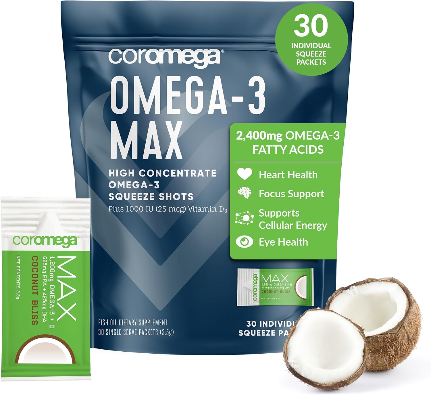 Coromega MAX 2400mg Omega-3 Fish Oil + Vitamin D Squeeze Packets - Wild-Caught, No Fishy Taste - 3X Better Absorption - Brain & Heart Health Support - 30 Servings, Coconut Bliss