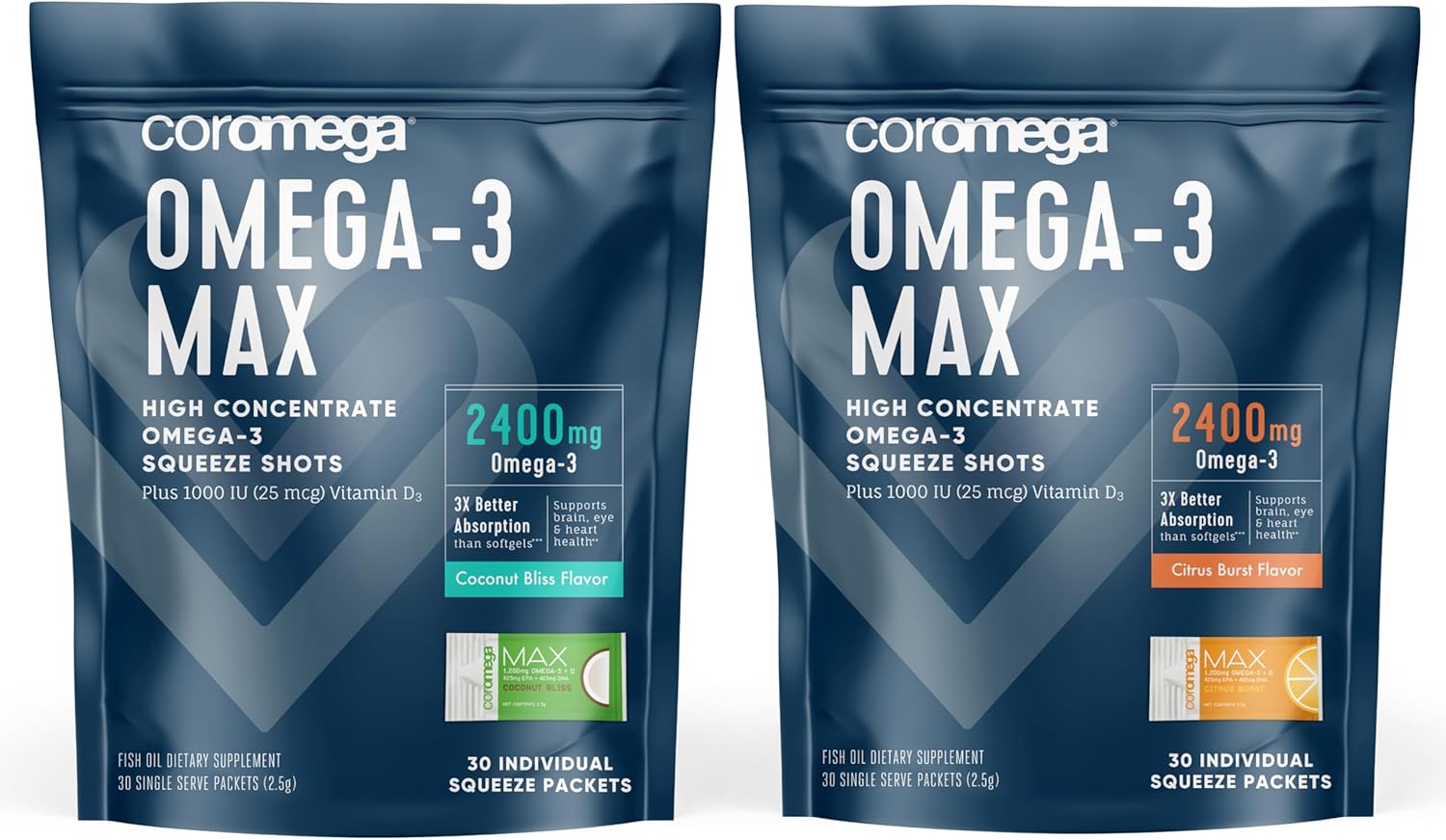 Coromega Omega-3 Fish Oil Bundle with High Absorption, No Aftertaste, 2400mg Omega-3s + Vitamin D, Coconut & Citrus Flavors, 60 Packets