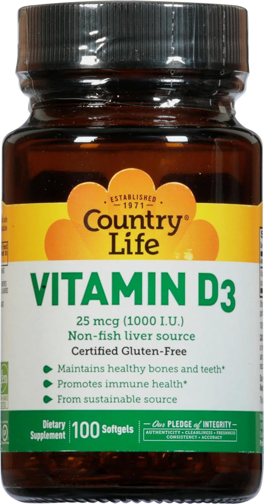 Country Life - Non-Fish Vitamin D3 Supplement 1000 IU - 100 Softgels for Bone Health and Immune Support