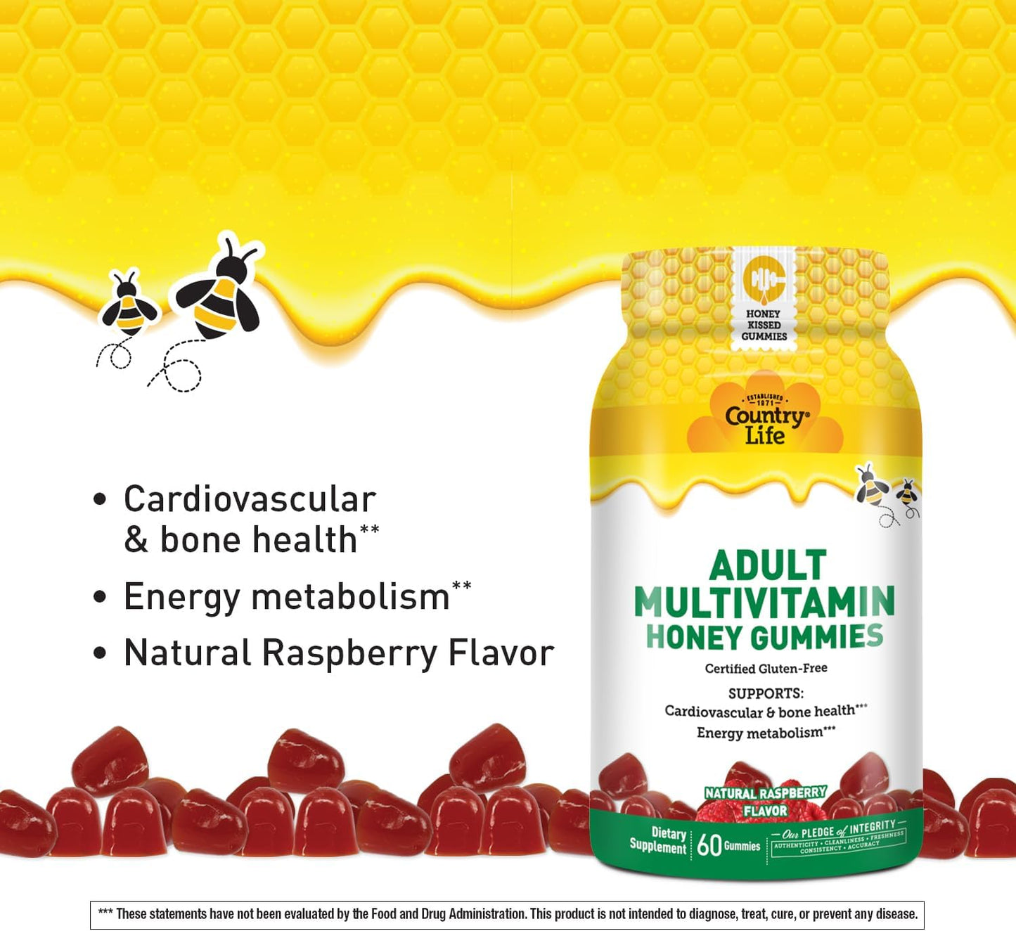 Country Life Adult Multivitamin Honey Gummies - Non-GMO, Gluten Free, Vegetarian Friendly