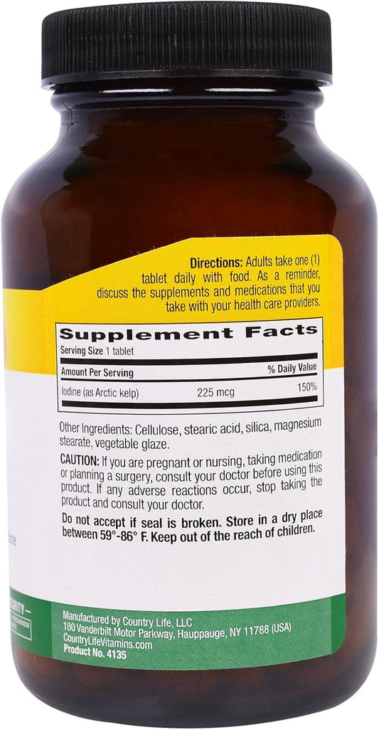Country Life Arctic Kelp Supplement 225 mcg - 300 Tablets for Thyroid Health and Metabolism Boost