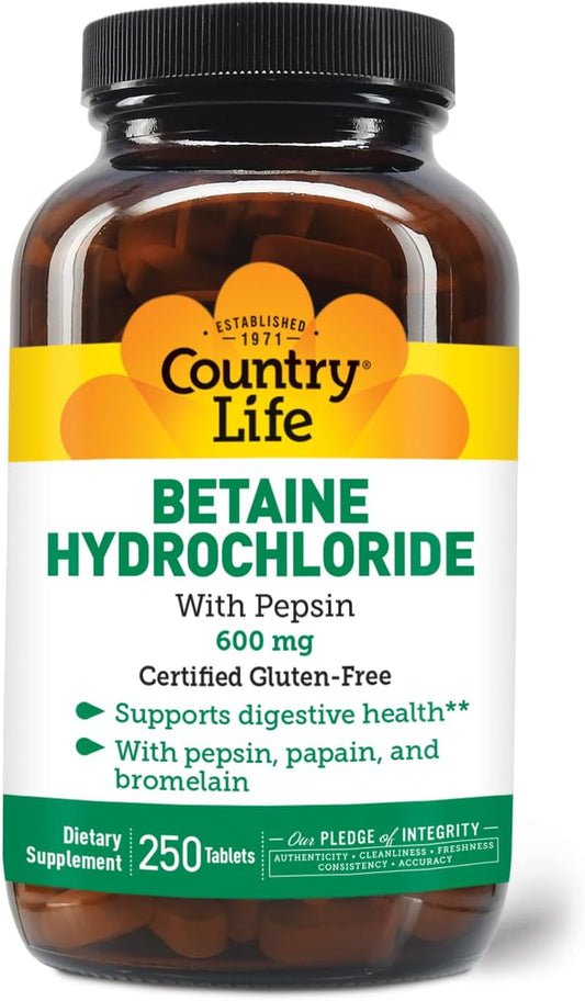 Country Life Betaine Hydrochloride with Pepsin 600mg - 250 Tablet Bottle